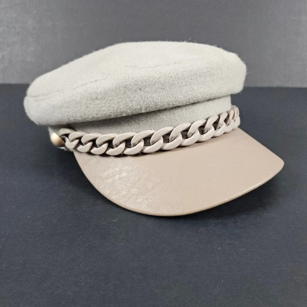Unbranded Women's Baker Boy Cap Newsboy Hat Faux Leather Brim Chain Accent Beige